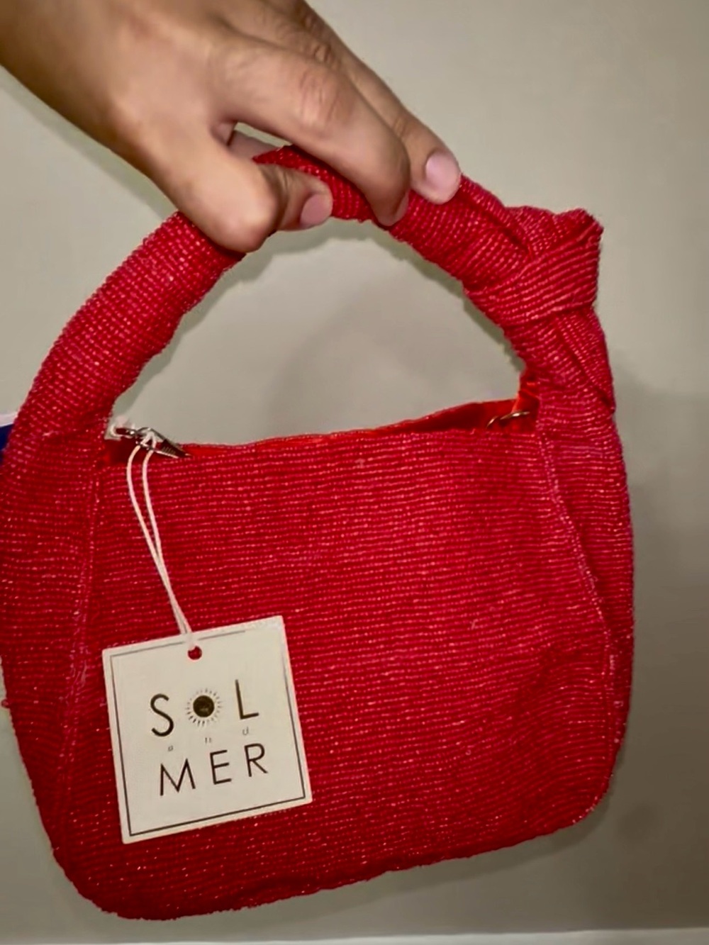 Red Beaded Check Mini Shoulder Bag with Picnic Motif - Picture 2 of 2
